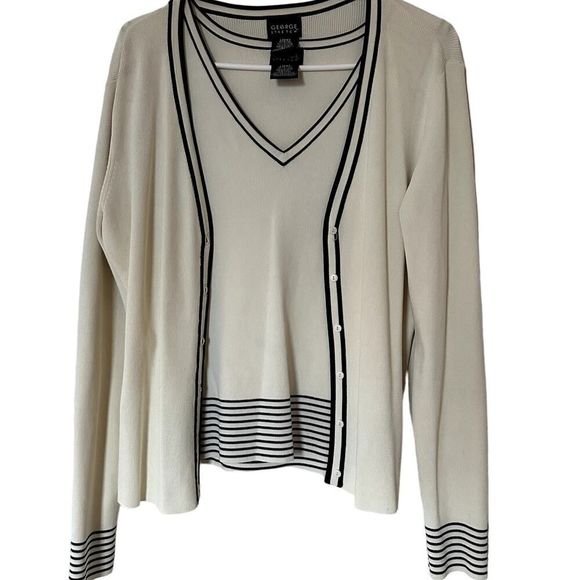 George Stretch Cream/Black Striped Two Piece Tank/Cardigan- M - Picture 1 of 8